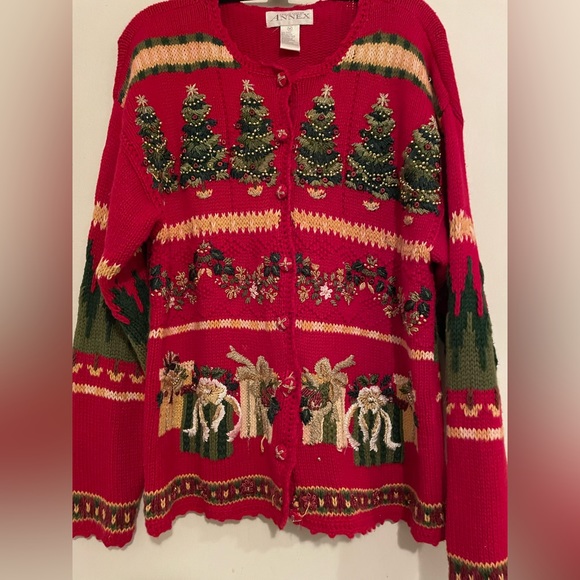 Very Pretty Christmas Sweater Medium, Red with Christmas trees and gifts. - Picture 2 of 10
